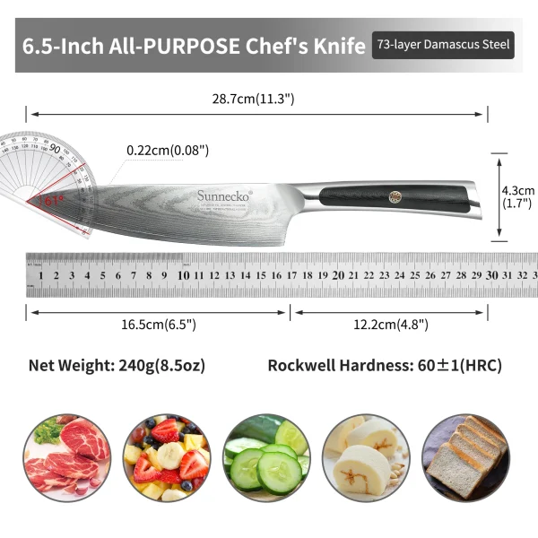 Modern Style 6.5″ Chef Knife - 73-layer VG10 Damascus (Sunnecko S&J Elite Series) - Image 3