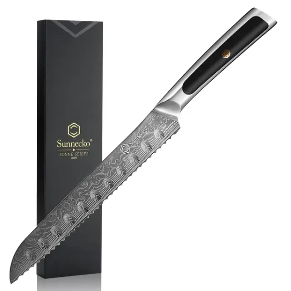 Elite Style 8″ Bread Knife – 67-layer VG10 Damascus (Sunnecko Elite-A Series)