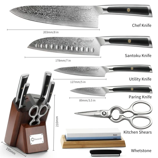 Damascus Knife Set With Block and Whetstone - 2023 Elite-A Series - 7 PCS Set - Image 3
