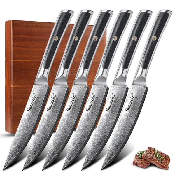 Elite Style 5″ Steak Knife (6 Knives Set + Wooden Box) – 67-layer VG10 Damascus (Sunnecko Elite-A Series)