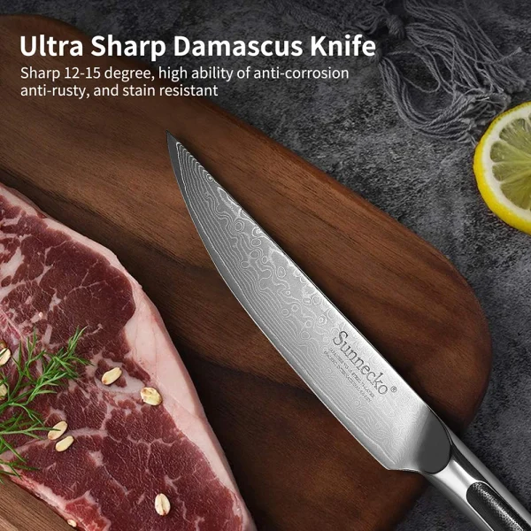 Elite Style 5″ Steak Knife (2 Knives Set) – 67-layer VG10 Damascus (Sunnecko Elite-A Series) - Image 8